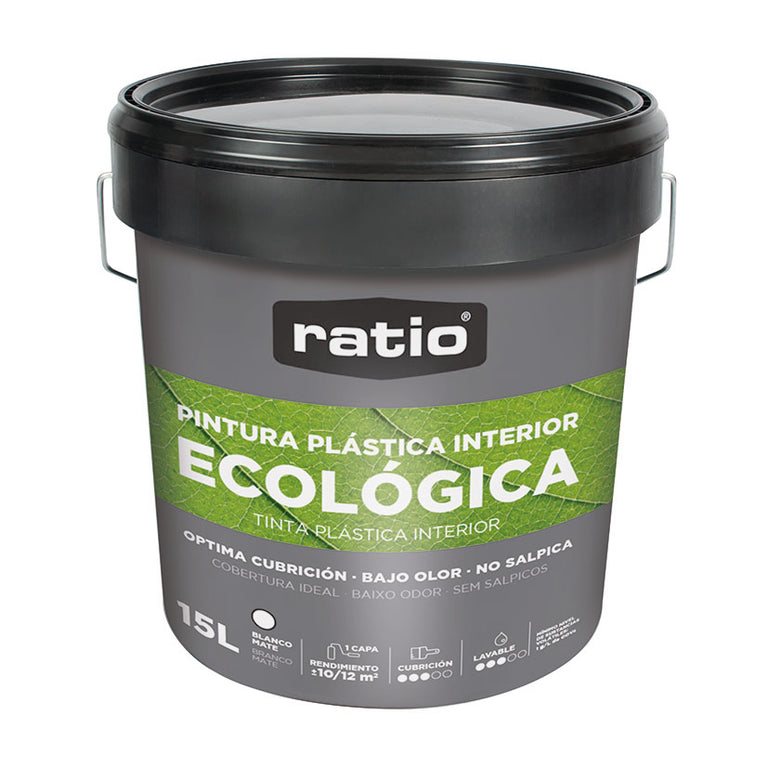 Bote de 15L de pintura plástica ecológica RATIO interior blanco mate con etiqueta de sostenibilidad