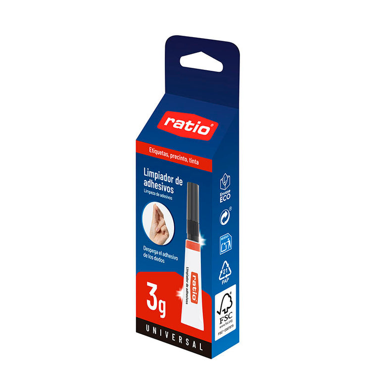Caja de presentación del limpiador de adhesivos Ratio 3g universal para despegar dedos y tejidos.