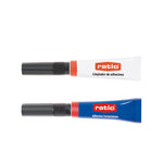 Tubos de adhesivo instantáneo azul y limpiador de pegamentos blanco marca RATIO sobre fondo blanco.