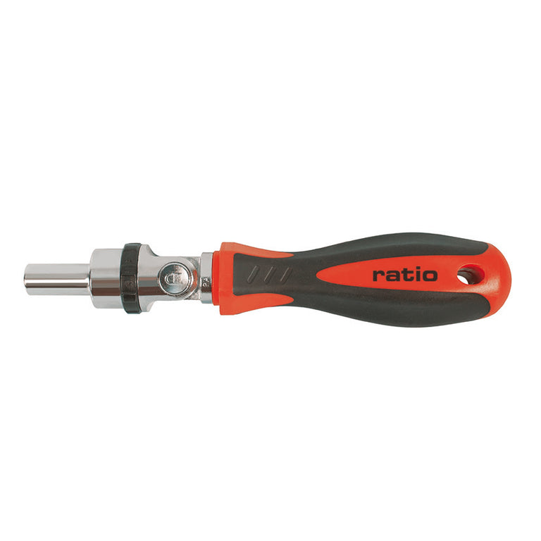 Destornillador de carraca articulado RATIO 6524 con mango ergonómico bimaterial rojo y negro