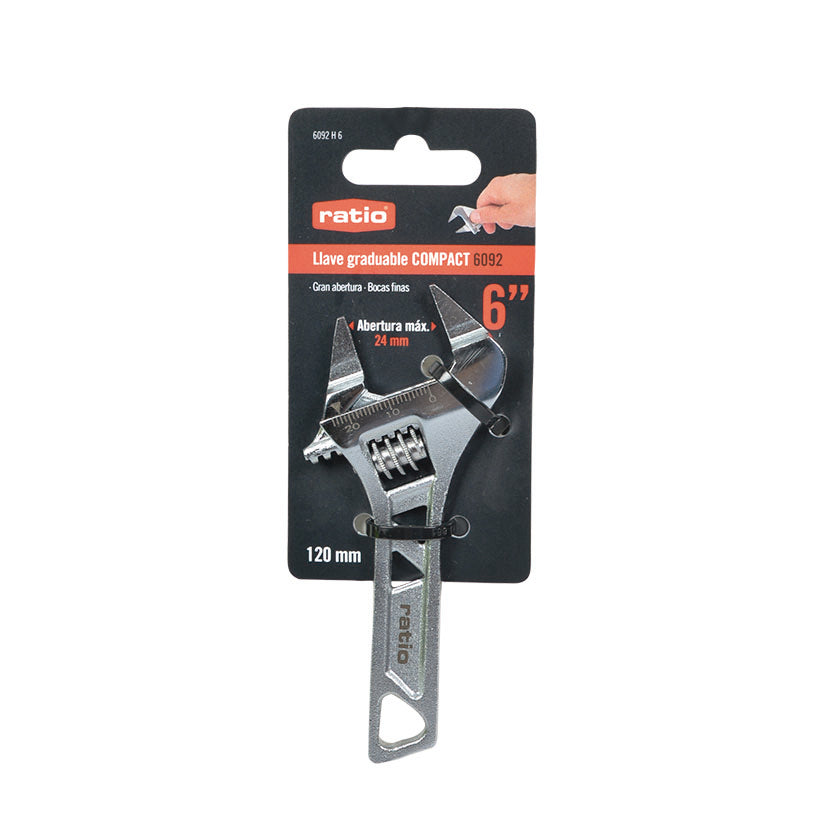 Embalaje original de la llave graduable RATIO Compact 6092 de 120mm con apertura máxima de 24mm.