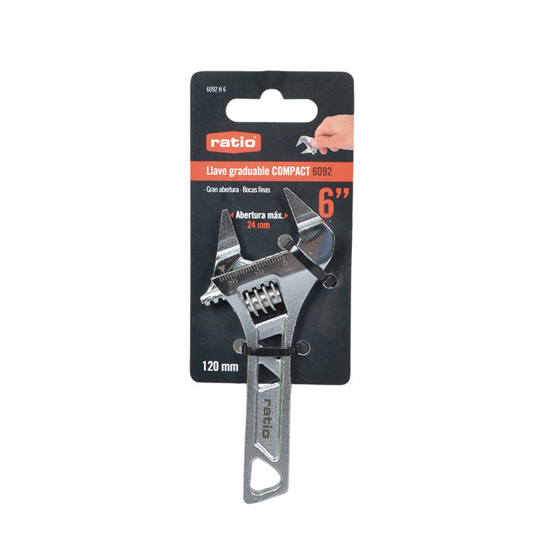 Embalaje original de la llave graduable RATIO Compact 6092 de 120mm con apertura máxima de 24mm.