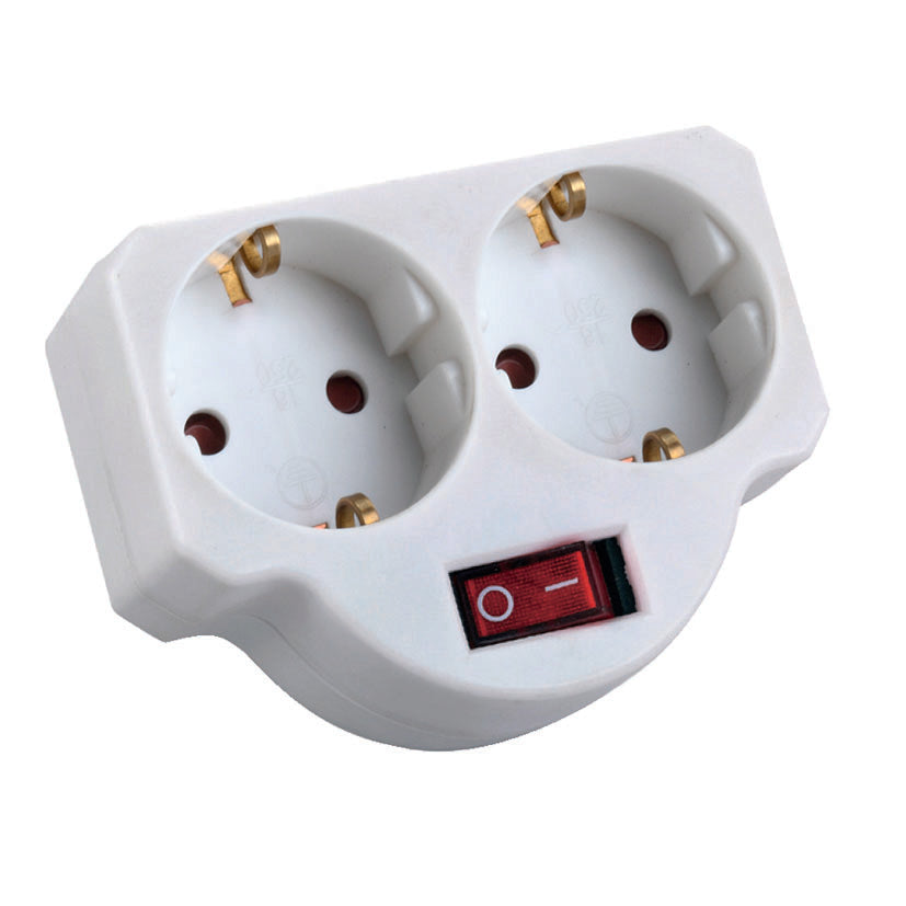 Adaptador de enchufe doble frontal DUOLEC blanco con interruptor luminoso rojo y toma de tierra lateral