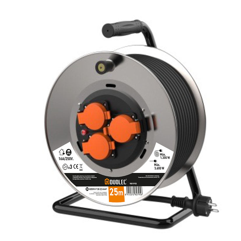 Enrollacable metálico profesional DUOLEC de 25 metros con 3 tomas IP55 y cable de 2.5mm