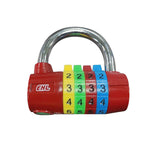 Candado de combinación EHL de 60mm con cuerpo rojo y diales de colores amarillo, verde, rojo y azul.
