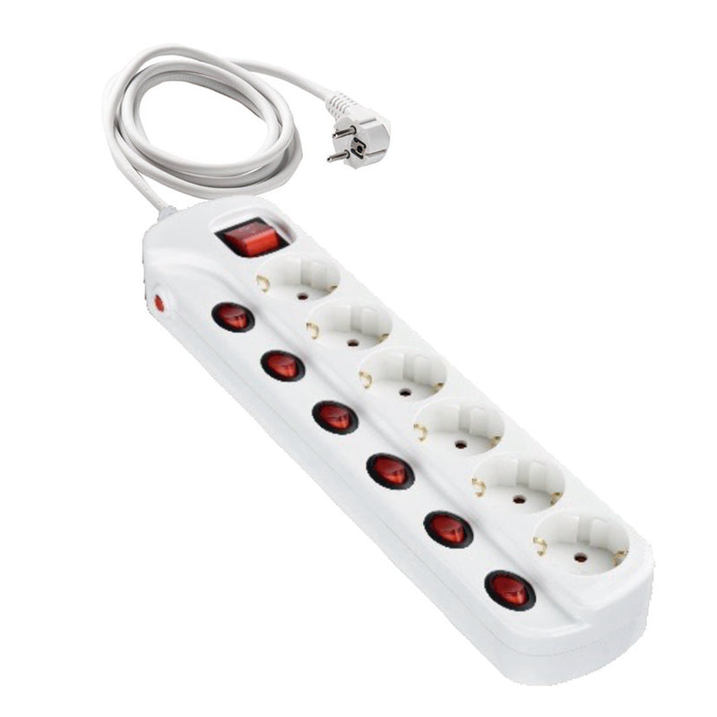 Regleta blanca DUOLEC de 6 tomas con interruptores individuales rojos iluminados y cable de alimentación.