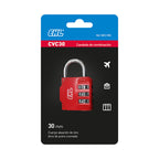 Presentación en blíster del candado EHL CVC 30mm rojo indicando usos para viajes y taquillas.