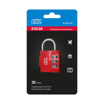 Presentación en blíster del candado EHL CVC 30mm rojo indicando usos para viajes y taquillas.
