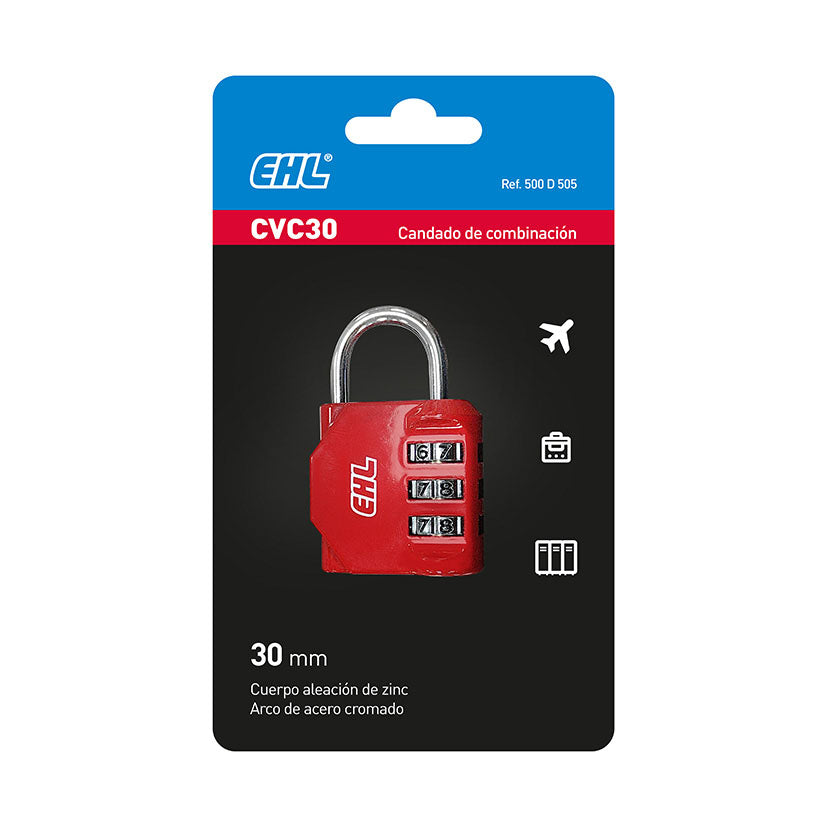 Presentación en blíster del candado EHL CVC 30mm rojo indicando usos para viajes y taquillas.