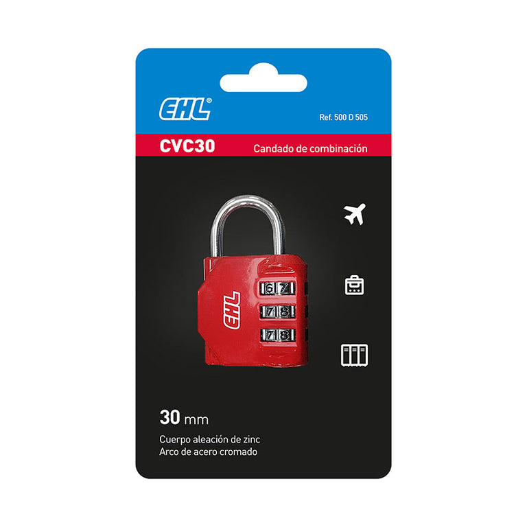 Presentación en blíster del candado EHL CVC 30mm rojo indicando usos para viajes y taquillas.