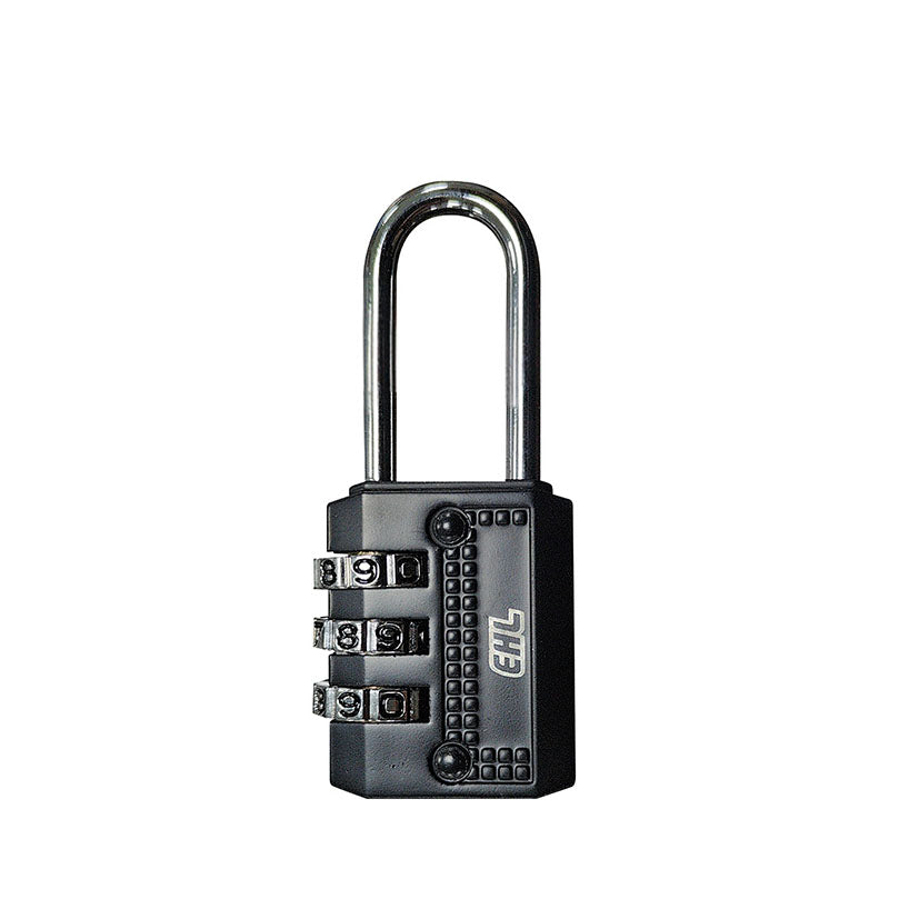 Candado de combinación EHL negro con arco largo y diales numéricos de seguridad.