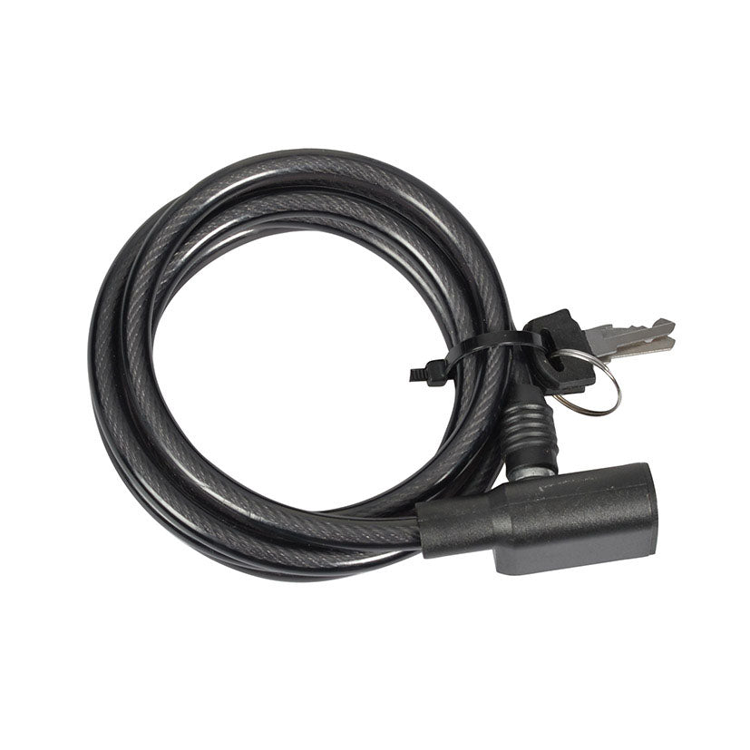 Candado de cable espiral negro EHL con llaves y recubrimiento de PVC para protección de bicicletas y patinetes.