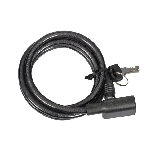 Candado de cable espiral negro EHL con llaves y recubrimiento de PVC para protección de bicicletas y patinetes.
