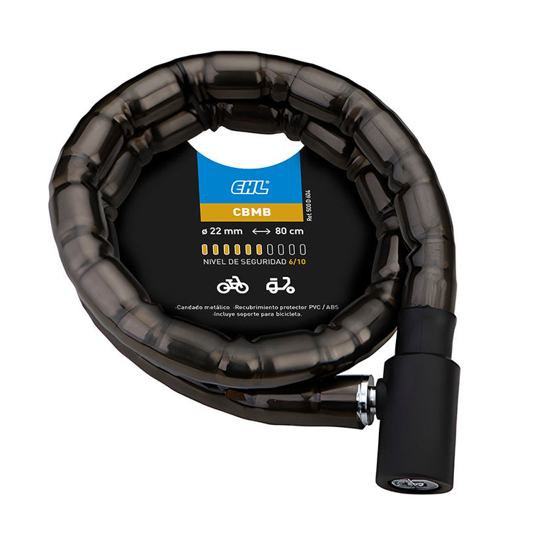 Detalle de empaque candado EHL CBMB Ø22mm x 80cm, nivel de seguridad 6/10 para bicicletas y scooters.
