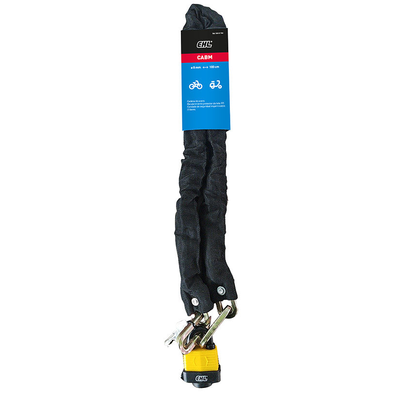 Candado de cadena EHL CABM de 100cm con funda de tela negra para protección de motos y bicicletas.