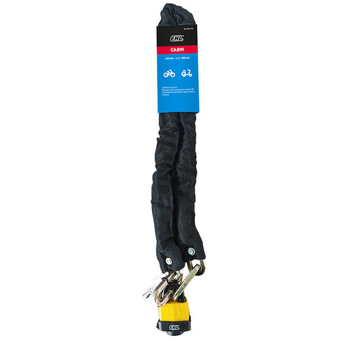 Candado de cadena EHL CABM de 100cm con funda de tela negra para protección de motos y bicicletas.