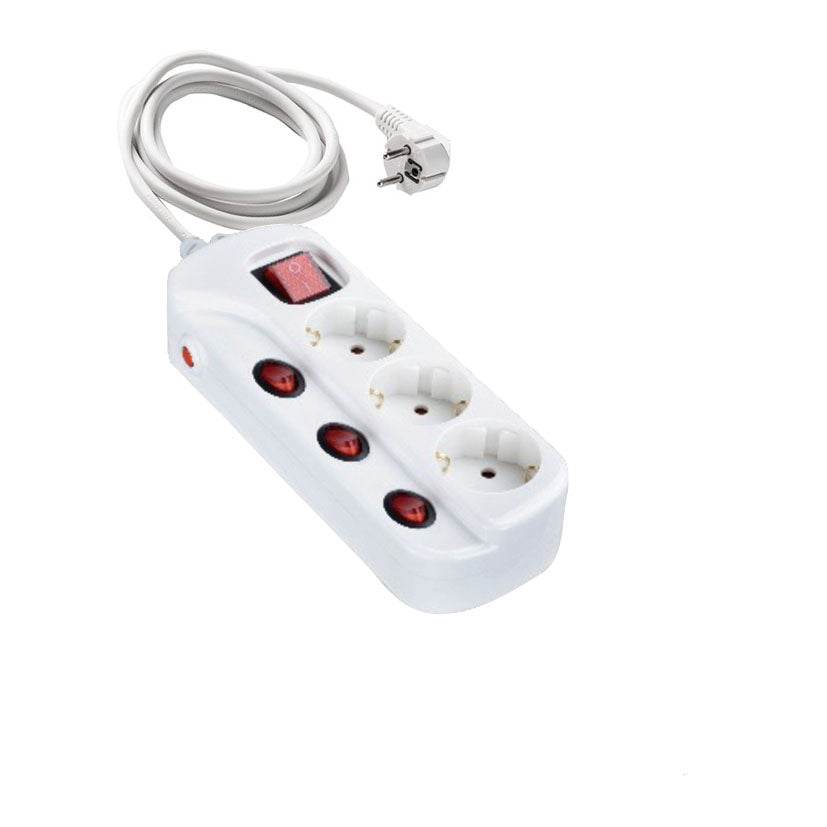 Base múltiple DUOLEC de 3 enchufes con interruptores independientes y toma de tierra lateral.