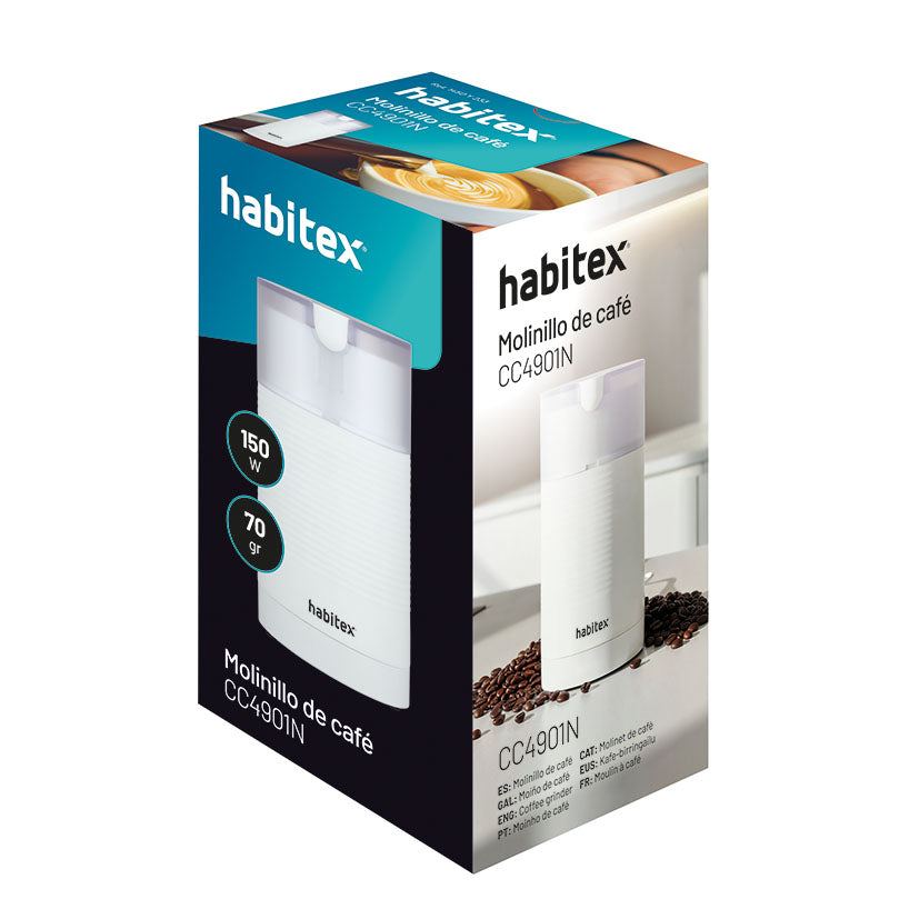 Caja de embalaje molinillo Habitex CC4901N destacando potencia de 150W y capacidad de 70g