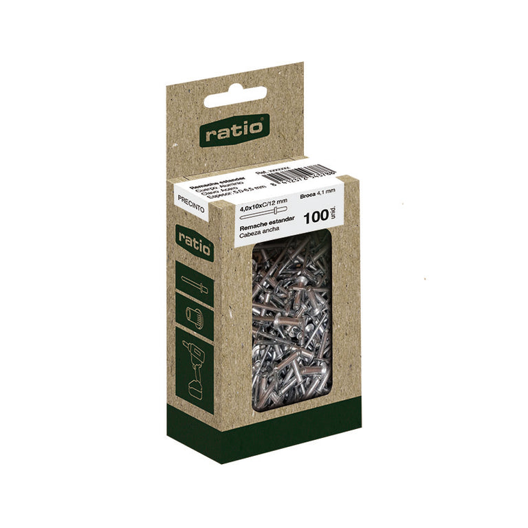 Caja Eco de remaches de aluminio marca RATIO con ventana de visualización de contenido.