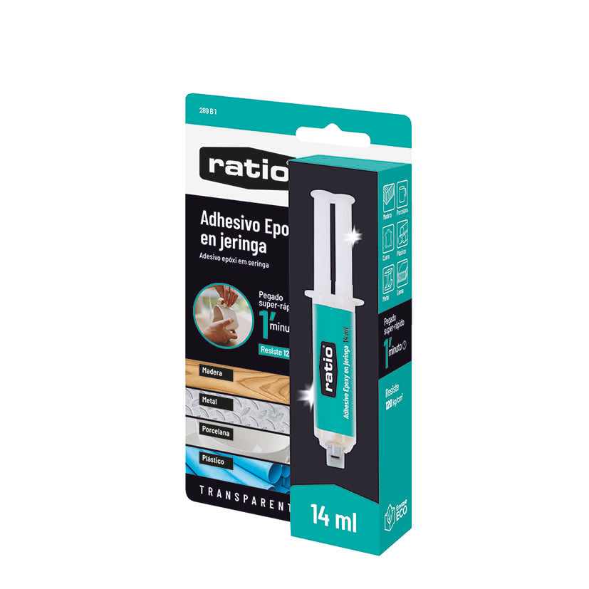 Blíster de adhesivo epoxi RATIO 14 ml con especificaciones de materiales y resistencia