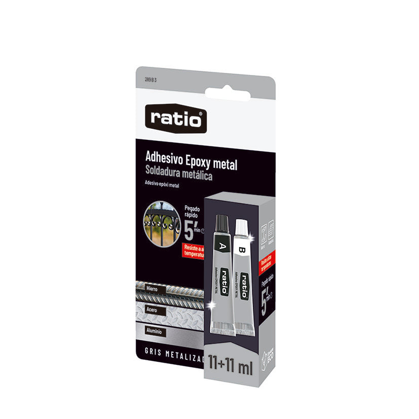 Blíster de adhesivo epoxi metal RATIO 11+11ml con secado rápido de 5 minutos para hierro y acero.