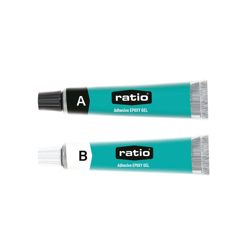 Dos tubos de adhesivo epoxi gel Ratio componentes A y B para mezcla de alta resistencia y pegado rápido.