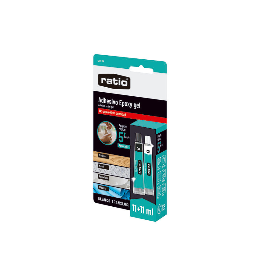Blíster de adhesivo epoxi gel Ratio 11+11ml mostrando aplicaciones en madera, metal, porcelana y plástico.