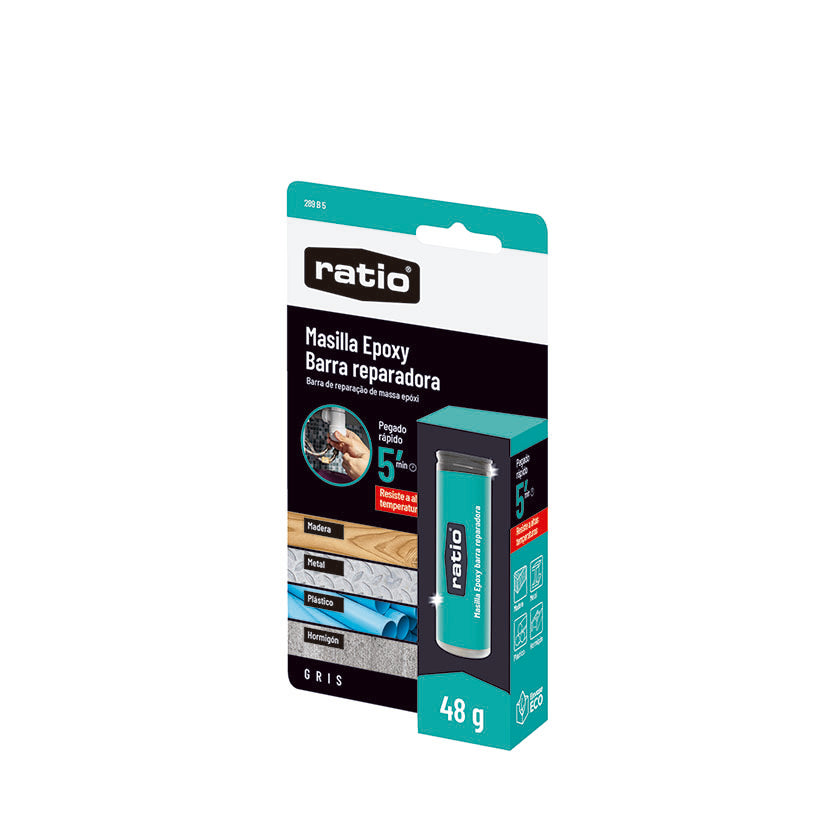 Blíster de masilla epoxy RATIO 48g apta para madera, metal, plástico y hormigón con secado rápido.