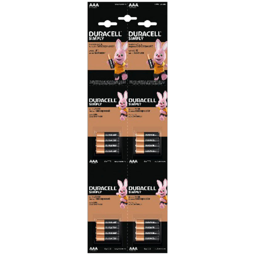 Tira de 16 pilas alcalinas Duracell Simply AAA LR03 en 4 blisters de 4 unidades