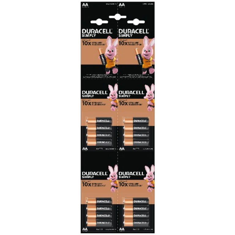 Tira de 16 pilas alcalinas Duracell Simply AA LR06 en 4 blisters de 4 unidades