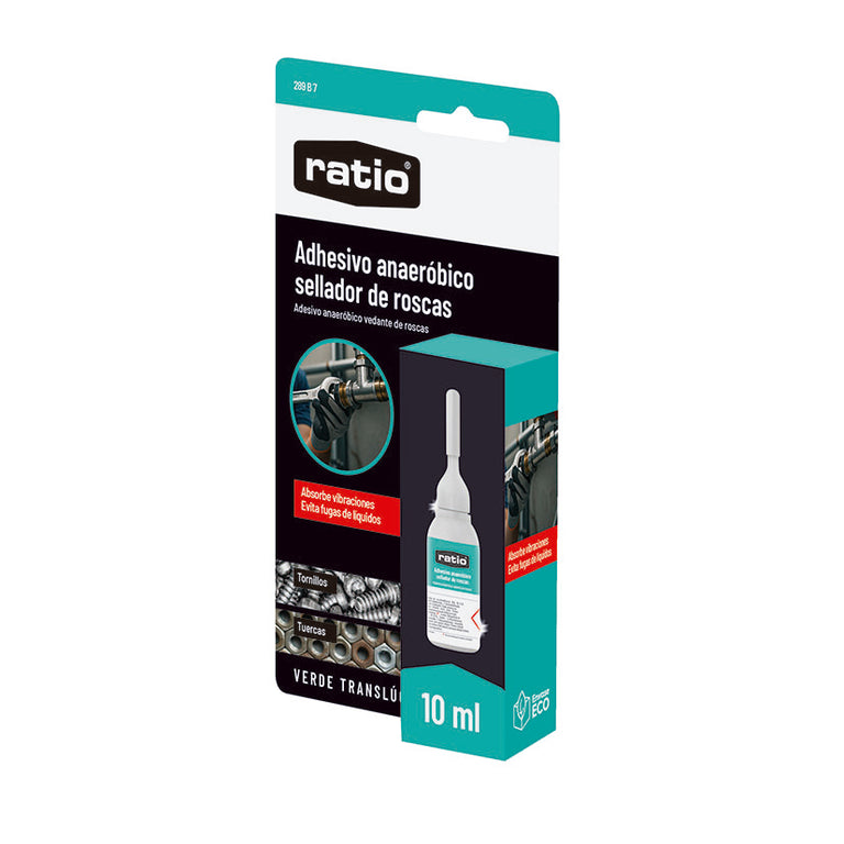 Envase blíster de sellador de roscas RATIO verde translúcido para fijación de tornillos y tuercas contra vibraciones.