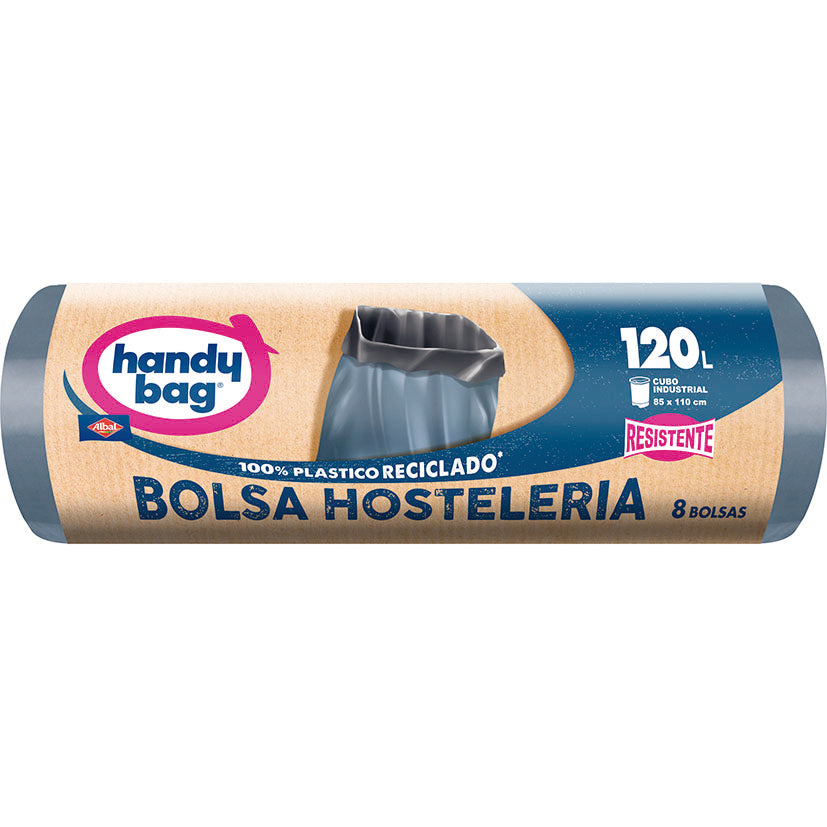 Rollo de 8 bolsas de basura Albal Handy Bag Hostelería de 120 litros, 100% plástico reciclado y ultra resistentes.