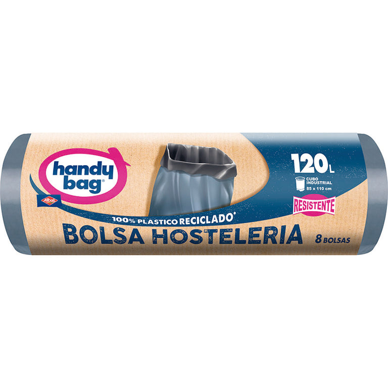 Rollo de 8 bolsas de basura Albal Handy Bag Hostelería de 120 litros, 100% plástico reciclado y ultra resistentes.
