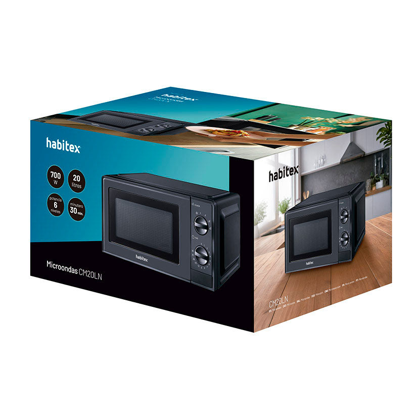 Caja del microondas HABITEX CM20LN con especificaciones de 700W, 20 litros y 6 niveles de potencia