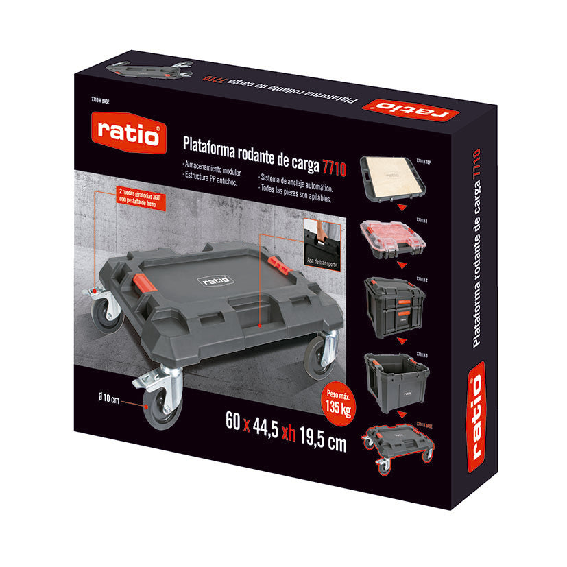 Caja del producto plataforma rodante RATIO 7710H mostrando sistema modular y capacidad de carga de 135kg.