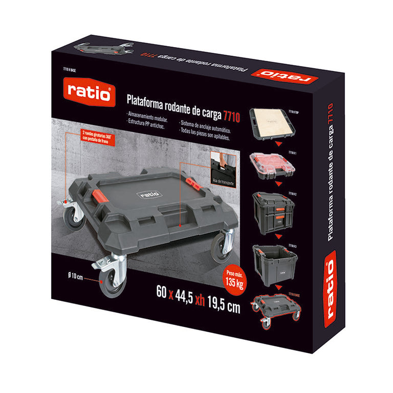 Caja del producto plataforma rodante RATIO 7710H mostrando sistema modular y capacidad de carga de 135kg.