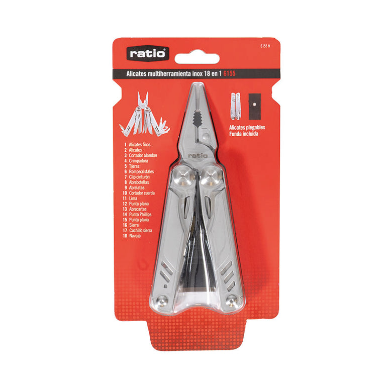 Blíster original del alicate multiherramienta RATIO 6155H con descripción detallada de sus 18 funciones y funda.