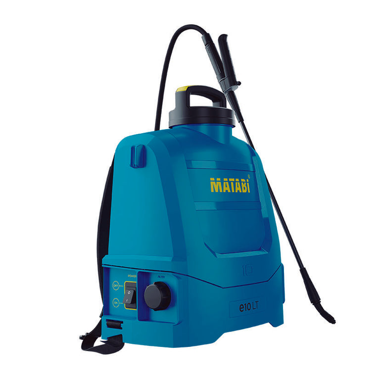 Pulverizador eléctrico Matabi e10 LT azul de 10 litros con lanza de fibra de vidrio y correas de mochila.