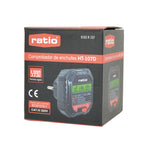 Caja del producto comprobador de enchufes RATIO HT-107D con especificaciones técnicas y certificación CE.