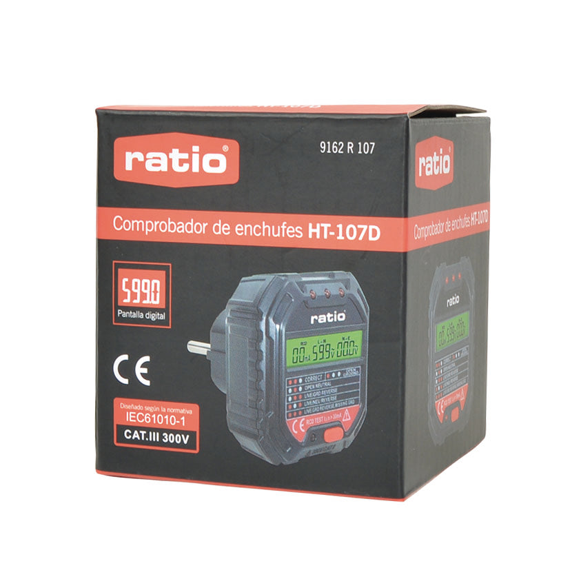Caja del producto comprobador de enchufes RATIO HT-107D con especificaciones técnicas y certificación CE.