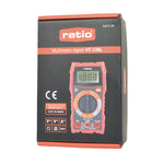 Caja de embalaje del multímetro digital RATIO HT-108L con iconos de especificaciones técnicas