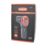 Termómetro infrarrojo RATIO HT-605A con pantalla digital LCD y botones de control frontales.