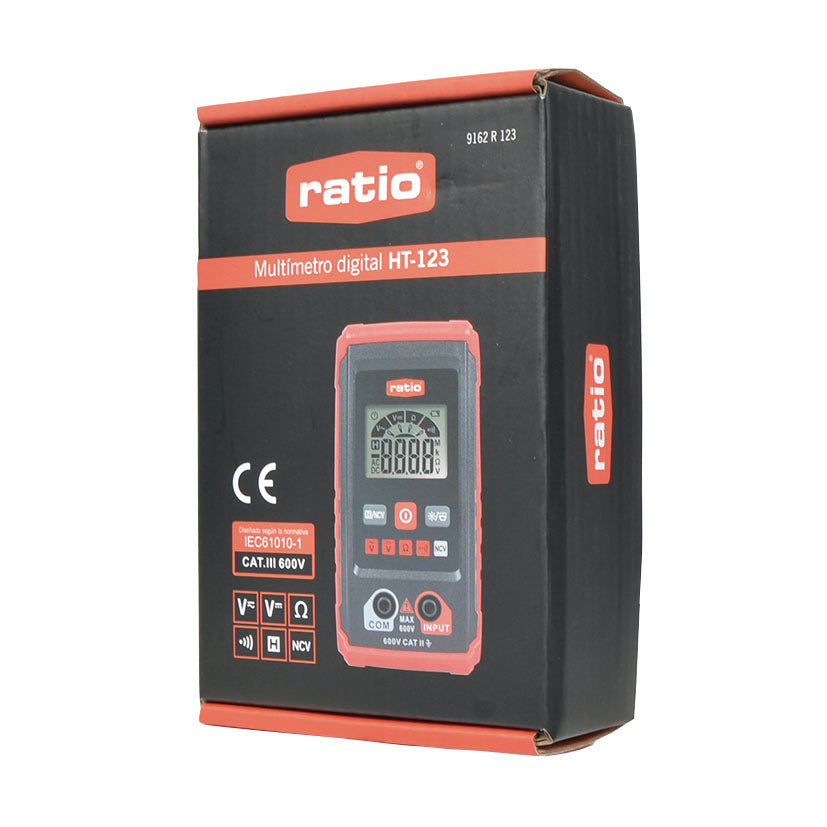 Caja del multímetro digital RATIO HT-123 con iconos de funciones y certificación de seguridad