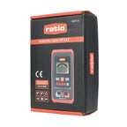 Caja del multímetro digital RATIO HT-123 con iconos de funciones y certificación de seguridad