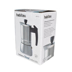 Embalaje original de cafetera HABITEX Steel Induction indicando aptitud para todo tipo de cocinas