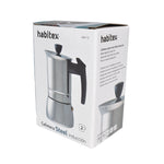 Embalaje original de cafetera HABITEX Steel Induction indicando aptitud para todo tipo de cocinas