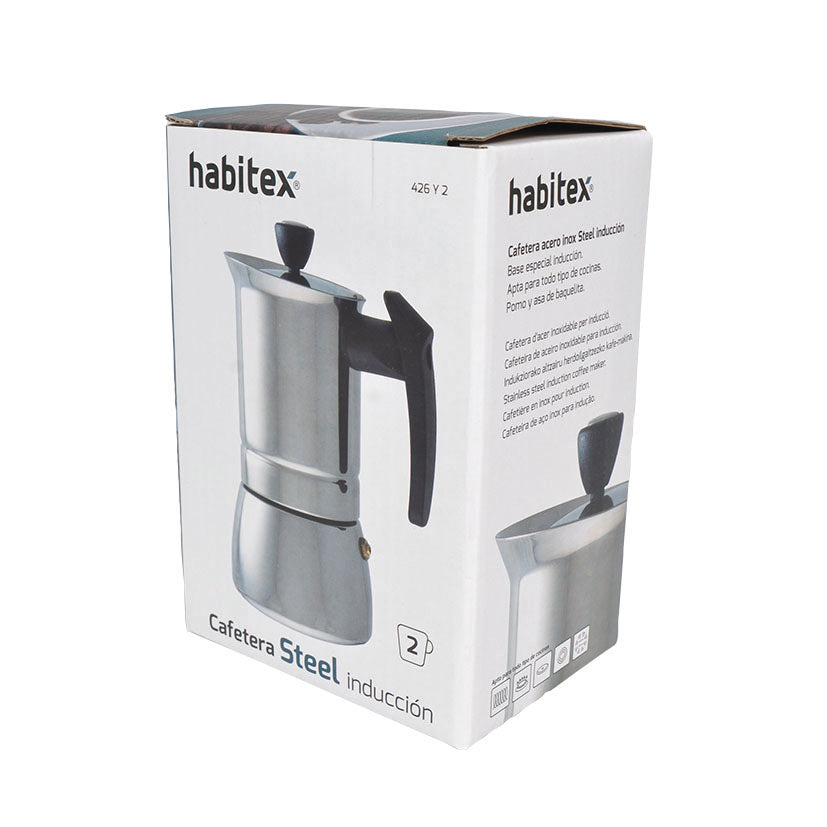 Embalaje original de cafetera HABITEX Steel Induction indicando aptitud para todo tipo de cocinas