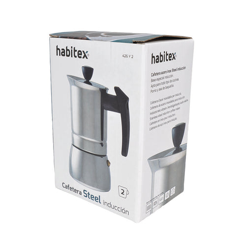 Embalaje original de cafetera HABITEX Steel Induction indicando aptitud para todo tipo de cocinas
