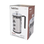 Embalaje original de la cafetera y tetera de émbolo HABITEX Glass de 600ml con descripción de materiales.