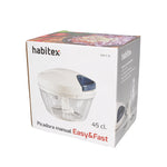 Caja de presentación de la picadora manual HABITEX Easy y Fast de 45 cl con detalles de características.